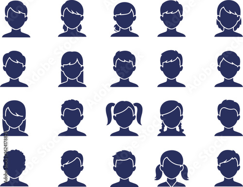 Silhouettes of diverse children with different hairstyles, gender neutral vector profiles, educational icons, perfect for classroom and design projects