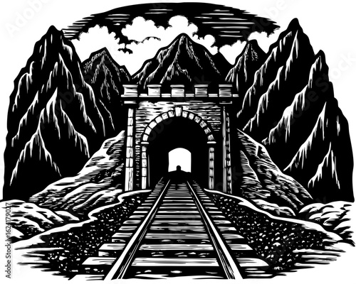 Mountain train tunnel landscape monochrome silhouette vector illustration