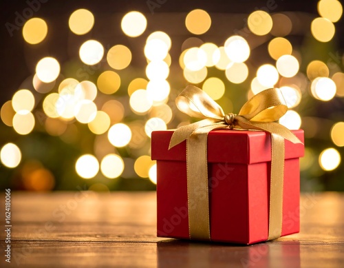 Wallpaper Mural Red gift box with gold ribbon on wooden surface, bokeh lights Torontodigital.ca