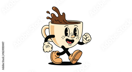 Dancing coffee cup character with splashy hot beverage and energetic movement