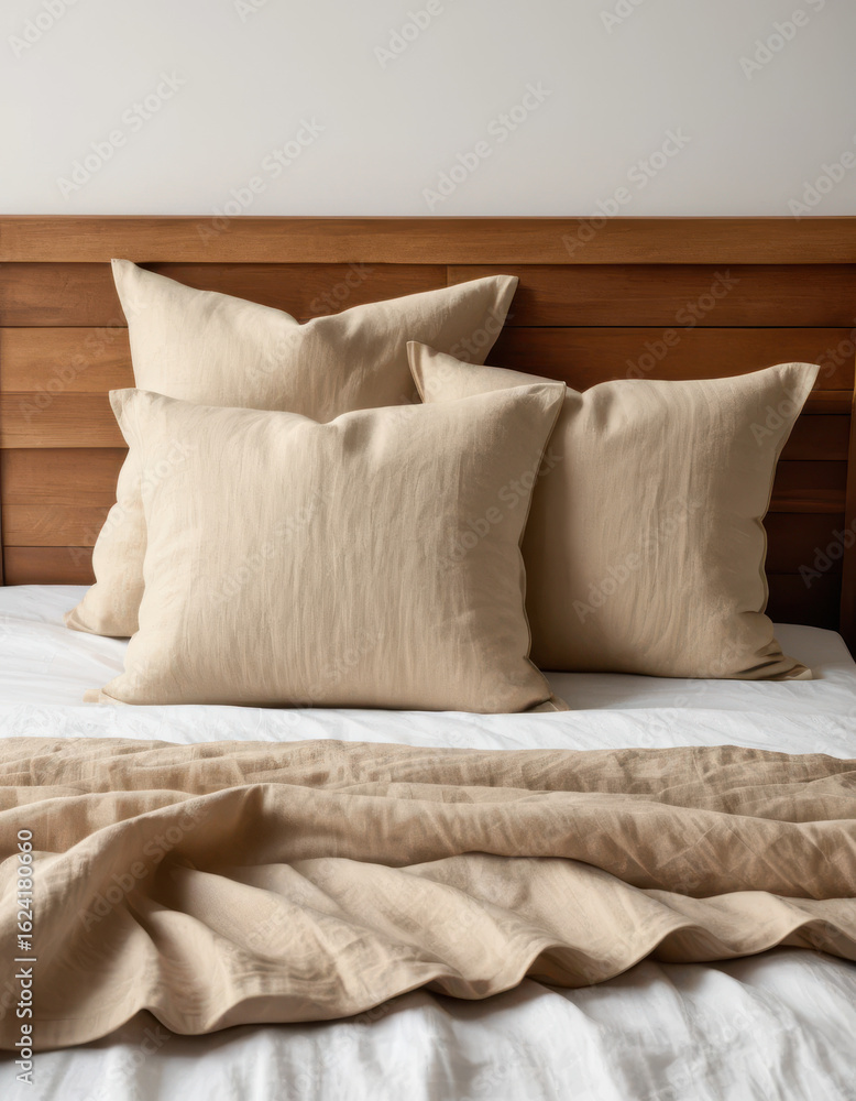 Obraz premium Cozy Comfort: Pillows arranged on a bed evoke a sense of tranquility and relaxation, showcasing the simple elegance of modern bedroom decor.