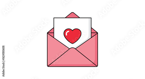 A beautiful pink envelope is opened revealing a heartfelt love letter with a large red heart symbol on it