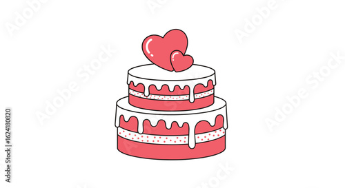 A beautiful tiered wedding cake adorned with dripping icing and two sweet heart decorations on top symbolizing love and celebration