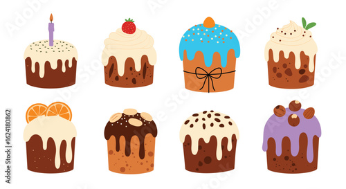 Collection of sweet easter cakes decorated with frosting and sprinkles for festive celebrations