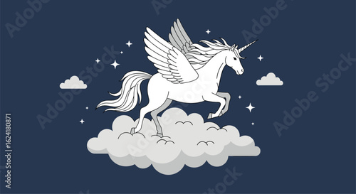 Majestic pixelated pegasus unicorn soaring gracefully above fluffy clouds under a starry night sky