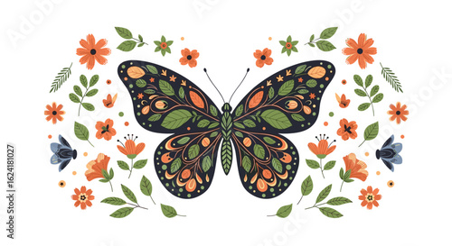An enchanting butterfly adorned with intricate floral patterns surrounded by delicate blossoms and gentle leaves