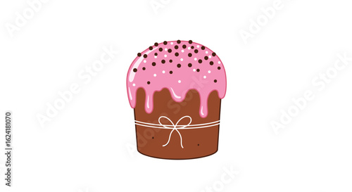 A delicious chocolate easter cake with pink icing and sprinkles tied with a white ribbon