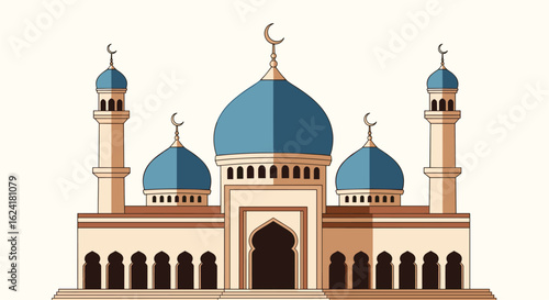 An artistic depiction of a grand mosque with multiple domes and tall minarets showcasing islamic architecture and cultural significance