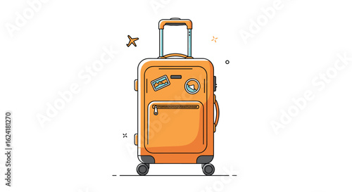Orange suitcase ready for adventure with stickers and wheels exploring the world with a travel companion for journeys and vacations