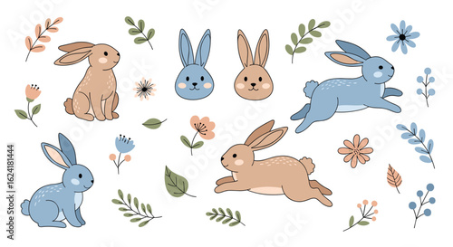 Charming collection of playful rabbits and spring flowers in pastel hues for festive occasions