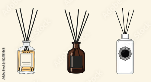 Aesthetic display of three different glass bottles filled with diffuser oils and reeds evoking serenity and home fragrance