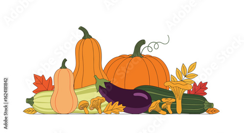 Abundant autumn harvest collection featuring gourds squash vegetables and fall leaves