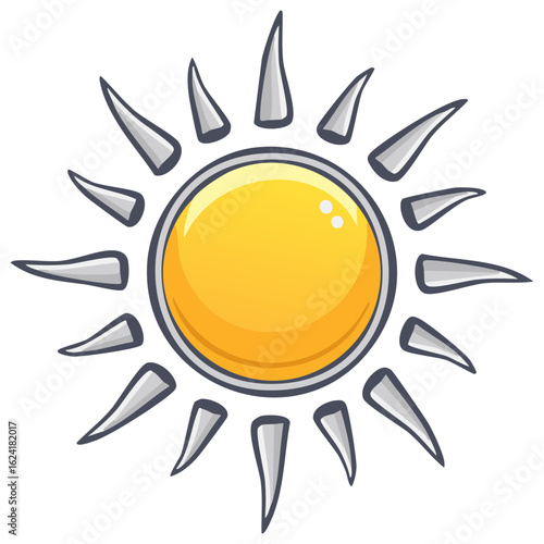 Cartoon style illustration of a sun with pointy sunbeams or rays radiating out.