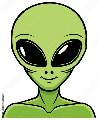 Cartoon Green Alien Face with Large Eyes and Smile, Extraterrestrial Humanoid Character