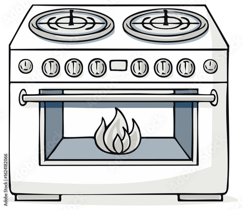 Cartoon Oven with Fire Flames Cooking, Kitchen Appliance, Vector Illustration