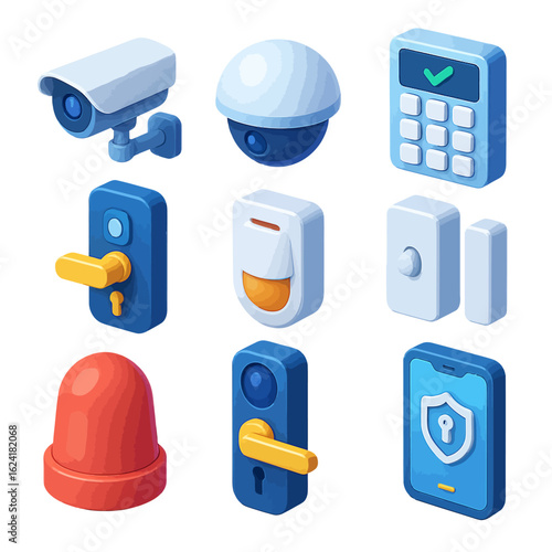 Modern smart home security icons featuring cameras, door locks, motion sensors, and mobile alerts for enhanced safety and protection.