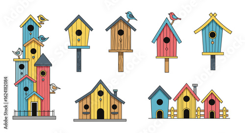 An assortment of colorful rustic wooden birdhouses decorated with perching birds and architectural details