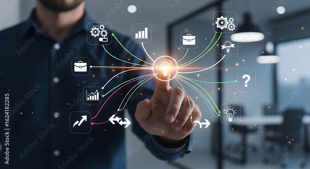 Fototapeta premium A man in a blue shirt interacts with a digital interface, touching a central glowing point that connects to various business and data icons.