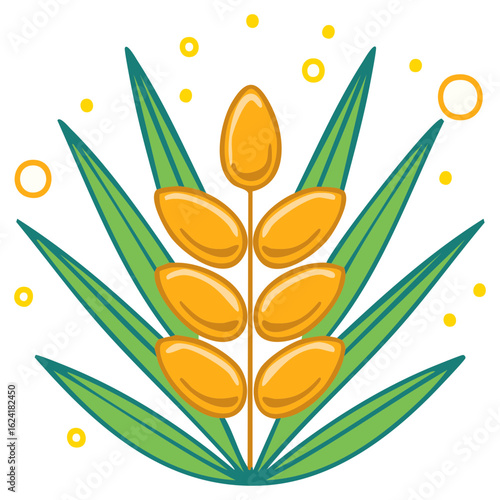 Abstract Wheat Grain with Leafy Foliage, Modern Organic Agriculture Icon, Farming Illustration