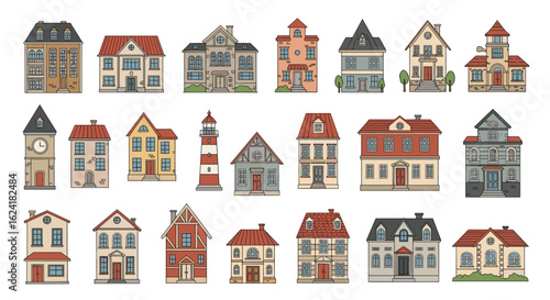 Collection of diverse european style residential buildings and architecture styles showcasing various facades and designs