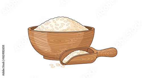 A close-up shot of a simple wooden bowl overflowing with fine white powder beside a small wooden scoop filled with the same granular material