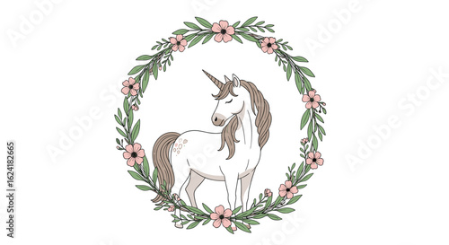 Whimsical unicorn adorned with a delicate floral crown evokes enchantment and magic in a dreamy artistic representation
