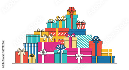 A large pile of colorful gift boxes tied with ribbons and bows for special occasions and celebrations