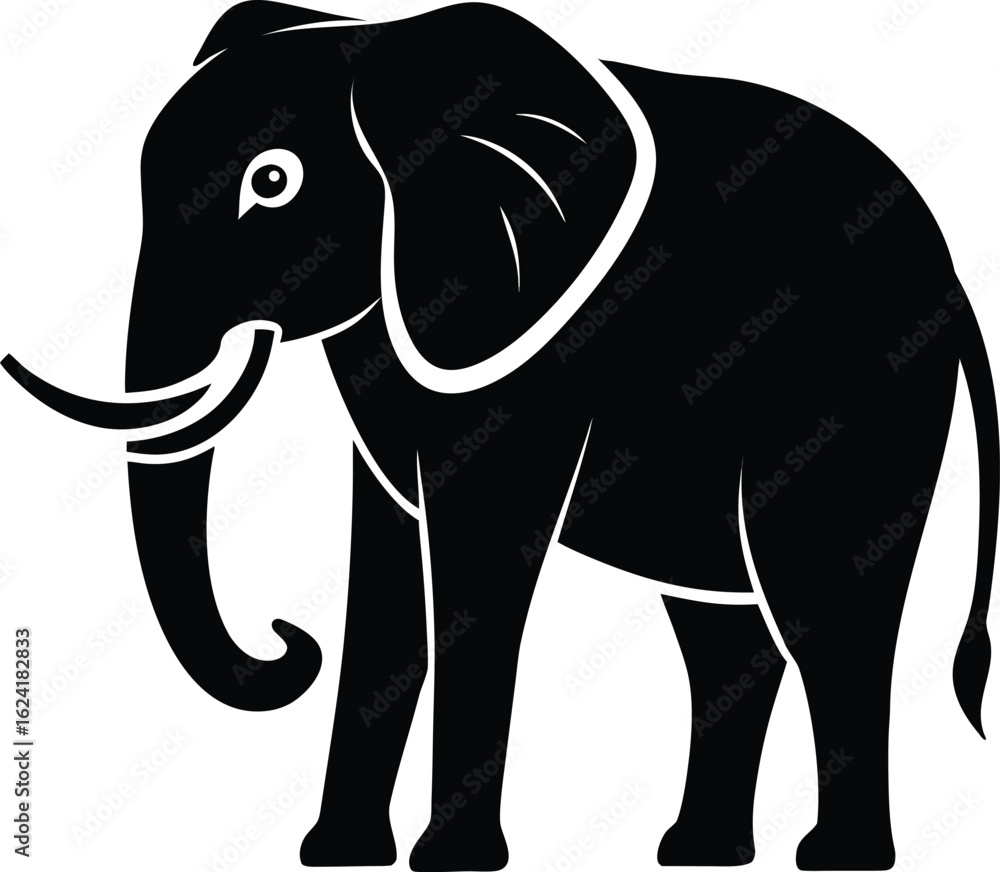 Fototapeta premium Elephant with Trunk Up Silhouette – Black Vector Wildlife Animal