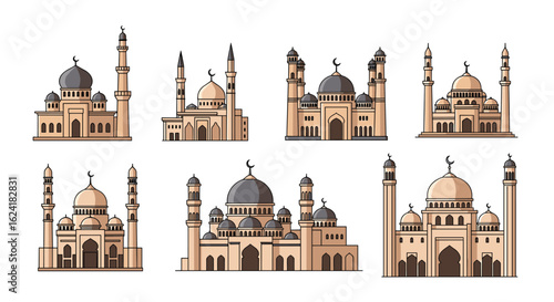 Collection of diverse islamic mosques featuring traditional architectural elements and minarets