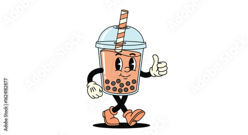Retro cartoon bubble tea character walking and giving a thumbs up in a funky style