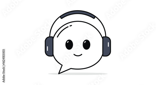 Animated character with headphones and speech bubble experiencing audio feedback or listening to music and talking simultaneously
