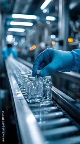 Pharmacist scientist with sanitary gloves examining medical vials on a production line conveyor belt in a pharmaceutical healthcare factory manufacturing prescription medication, Generative AI