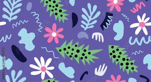Whimsical garden abstract pattern featuring botanical elements and organic shapes on a vibrant purple background