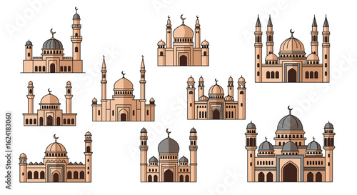 Collection of diverse islamic mosques featuring traditional architecture and minarets set against a white background