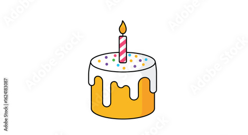 A whimsical birthday cake design with a single lit candle and colorful sprinkles on a plain white background