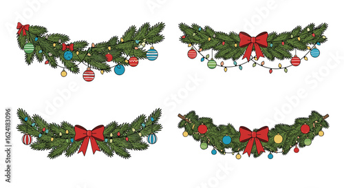Festive evergreen garlands adorned with colorful ornaments and bright red bows for seasonal celebrations