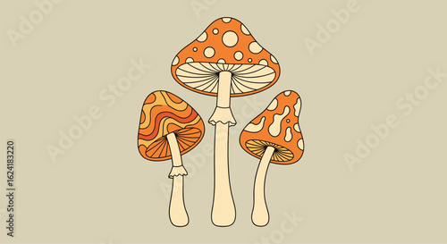 Enchanting forest floor fungi featuring unique orange caps and speckled white patterns creating a whimsical woodland scene