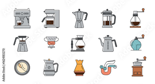 Collection of coffee brewing devices and grinders for making delicious coffee drinks at home or in a cafe