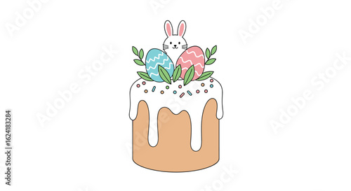 Festive easter cake topped with colorful eggs and spring greens decorated with sprinkles and icing