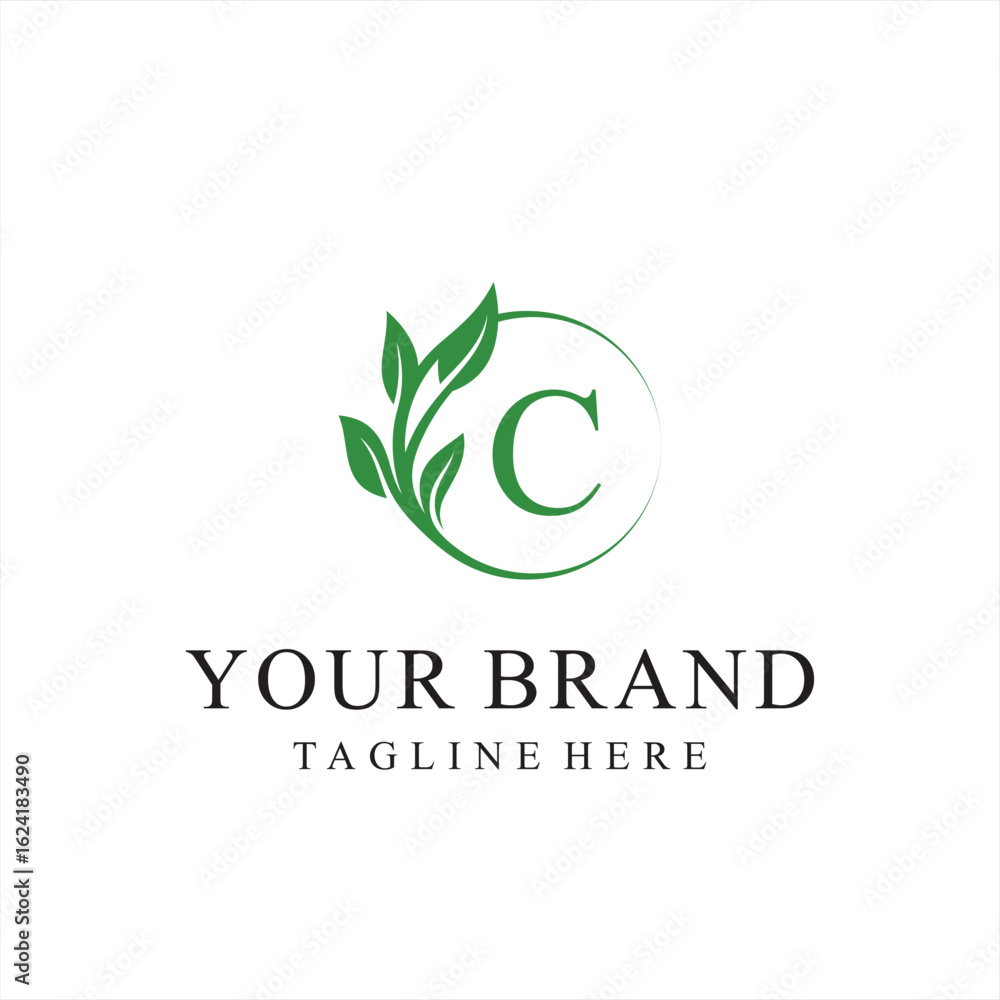 Fototapeta premium Initial letter C green leaves organic natural logo design, cosmetics and beauty vector icon concept