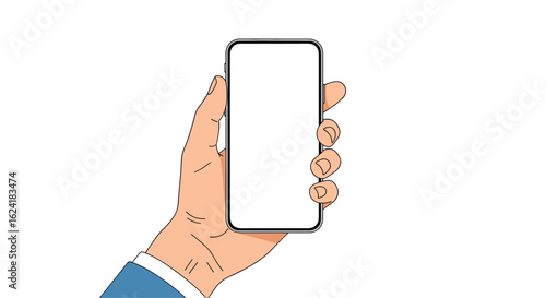 Illustrative hand holding a modern smartphone with a blank white screen ready for customization and display of content