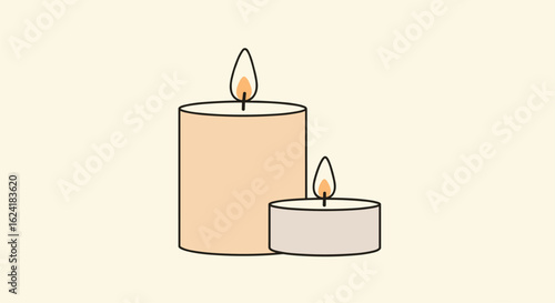 Two flickering candles with warm glow casting soft light on a pale background for relaxation and ambiance