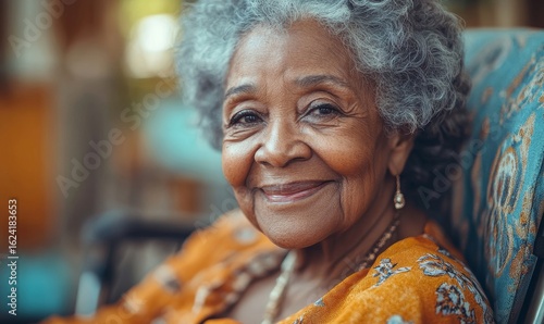 Happy senior Black woman in a wheelchair in a nursing home. Smiling old African American female pensioner being cared for by a nurse in a hospice for elderly, Generative AI