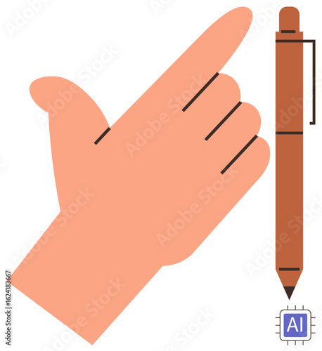 Hand making a gesture beside a stylus pen emphasizing human input in AI applications and technology. Ideal for AI integration, digital tools, tech design, innovation, teamwork, creativity, simple