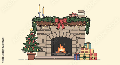 Cozy christmas fireplace scene with decorated tree and presents warm glow of the fire