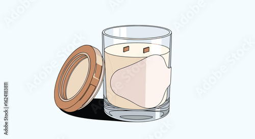 Cozy candle with lid casting a soft shadow on a light blue background creating a warm and inviting atmosphere for relaxation and ambiance