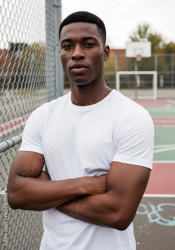 Athletic Man in White T-Shirt Mockup on Basketball Court