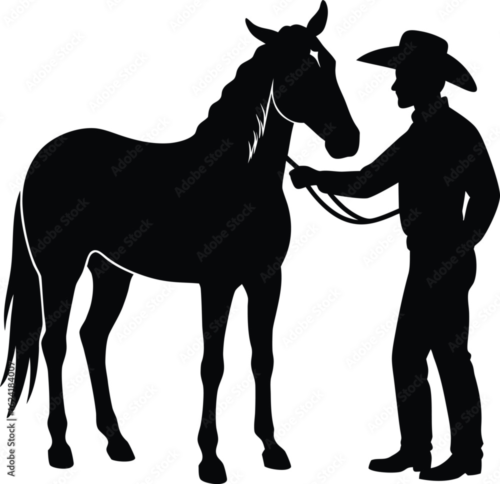Obraz premium Cowboy petting horse bonding moment silhouette isolated on transparent background