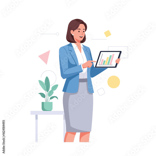 A professional businesswoman in a suit gives a presentation, pointing to a bar chart on a digital tablet.