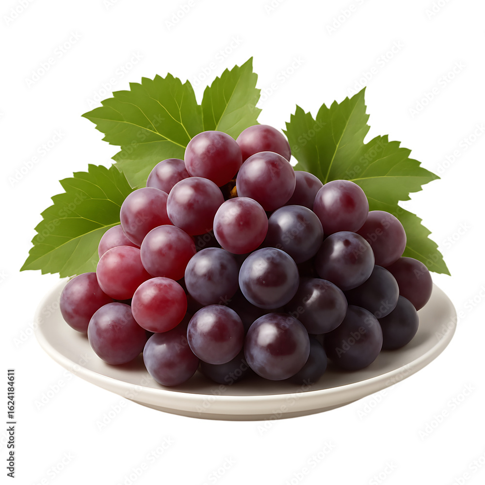 Fototapeta premium Red grapes on a white plate with green leaves a delicious healthy snack